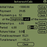 [Screenshot: Example data entered (weekly payments),<BR>payment computed]